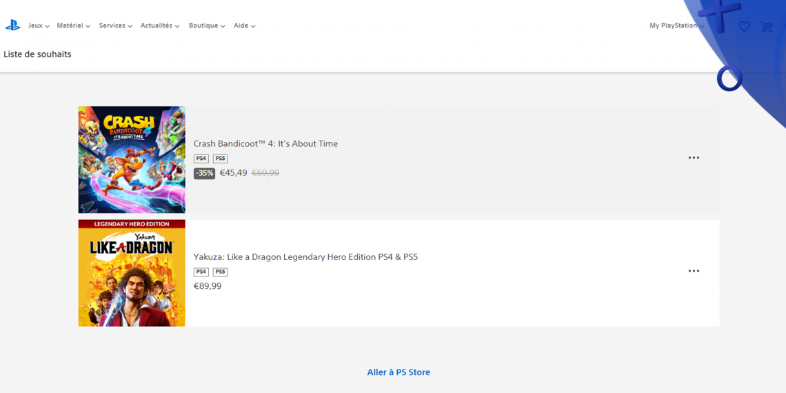 Exemple de liste d'envies sur le PS Store version web