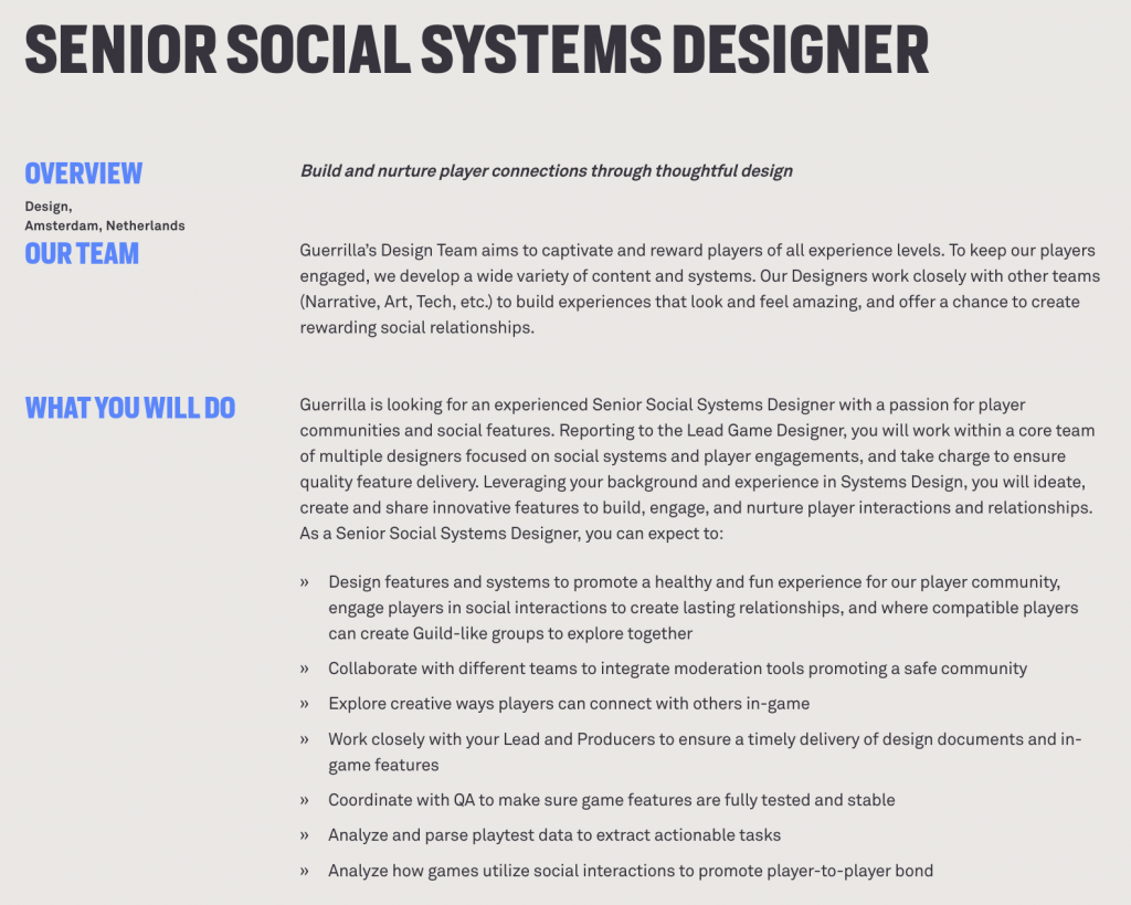 Fiche de Poste Guerrilla pour multijoueur : "Senior Social Systems Designer"