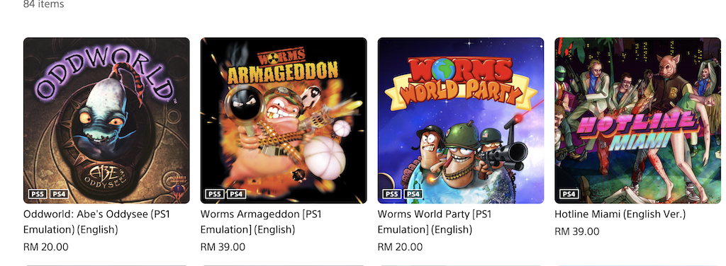 Un aperçu des prix des jeux PS1 affichés sur le store malaisien. 