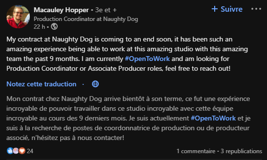 Demande d'emploi ancien employé Naughty Dog