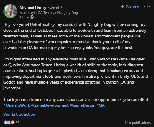 Demande d'emploi ancien employé Naughty Dog